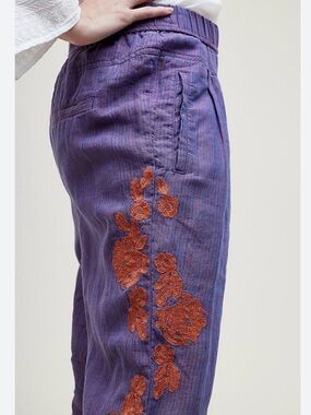 Anthropologie Purple Pants with Rust Accent Embroidery